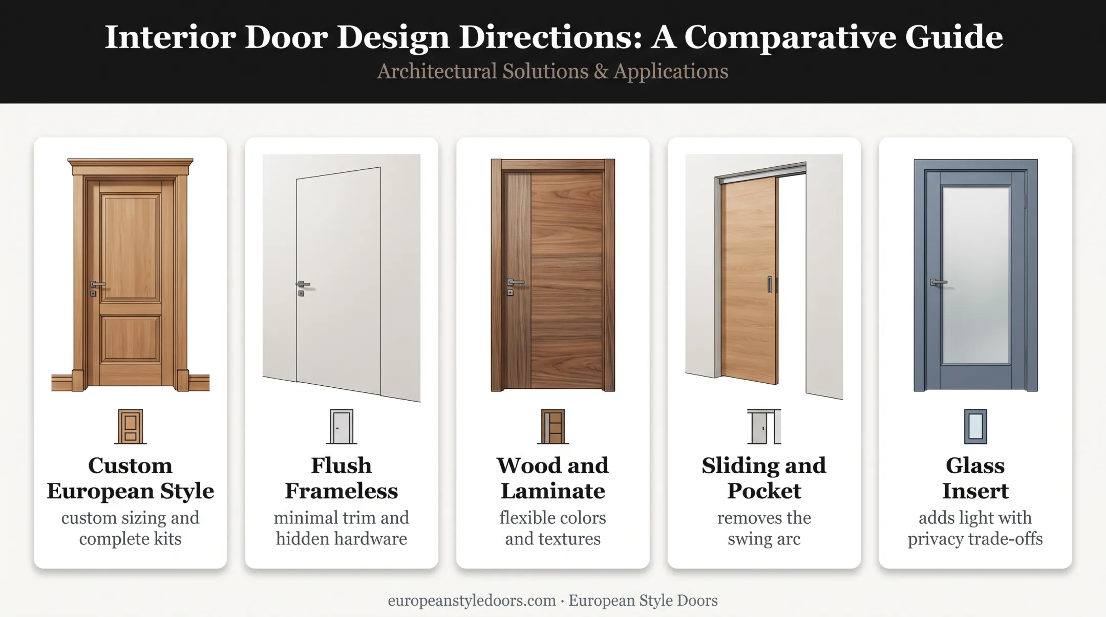 Five modern bedroom door design directions comparison infographic