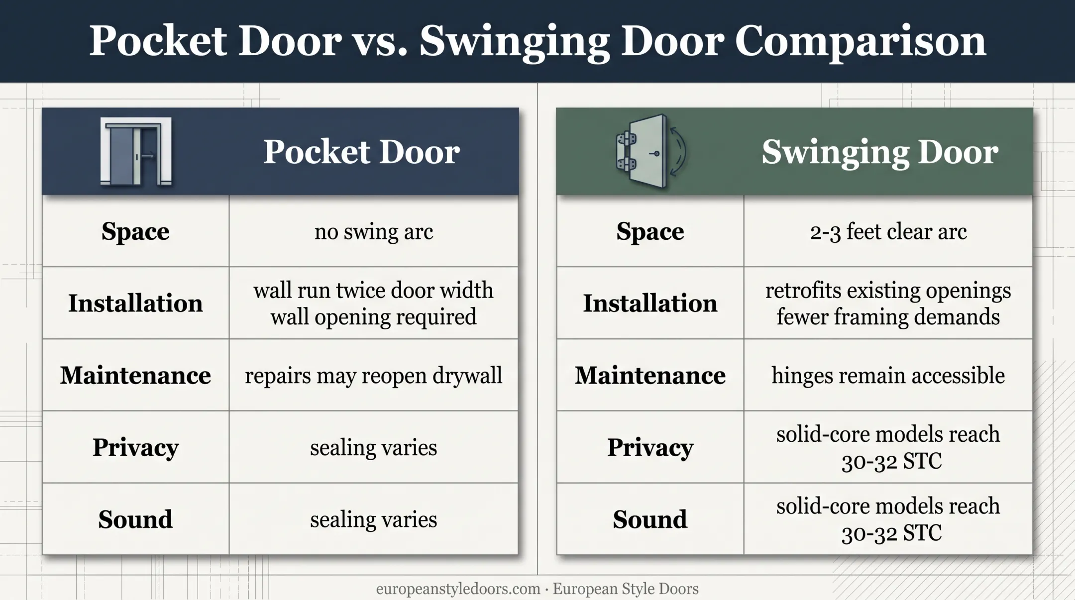 Pocket doors versus swinging doors comparison across five practical factors