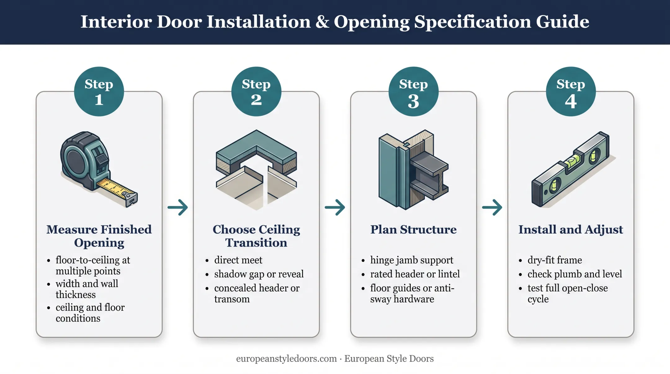 Four-step floor-to-ceiling closet door measurement and installation workflow