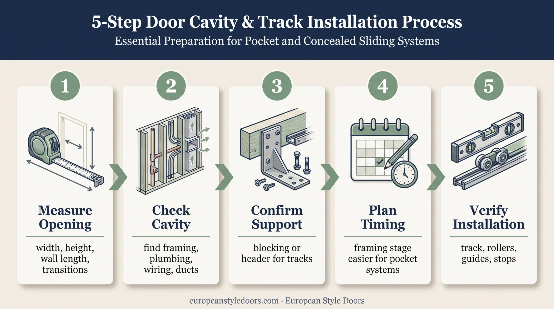 Sliding kitchen door planning and installation workflow diagram