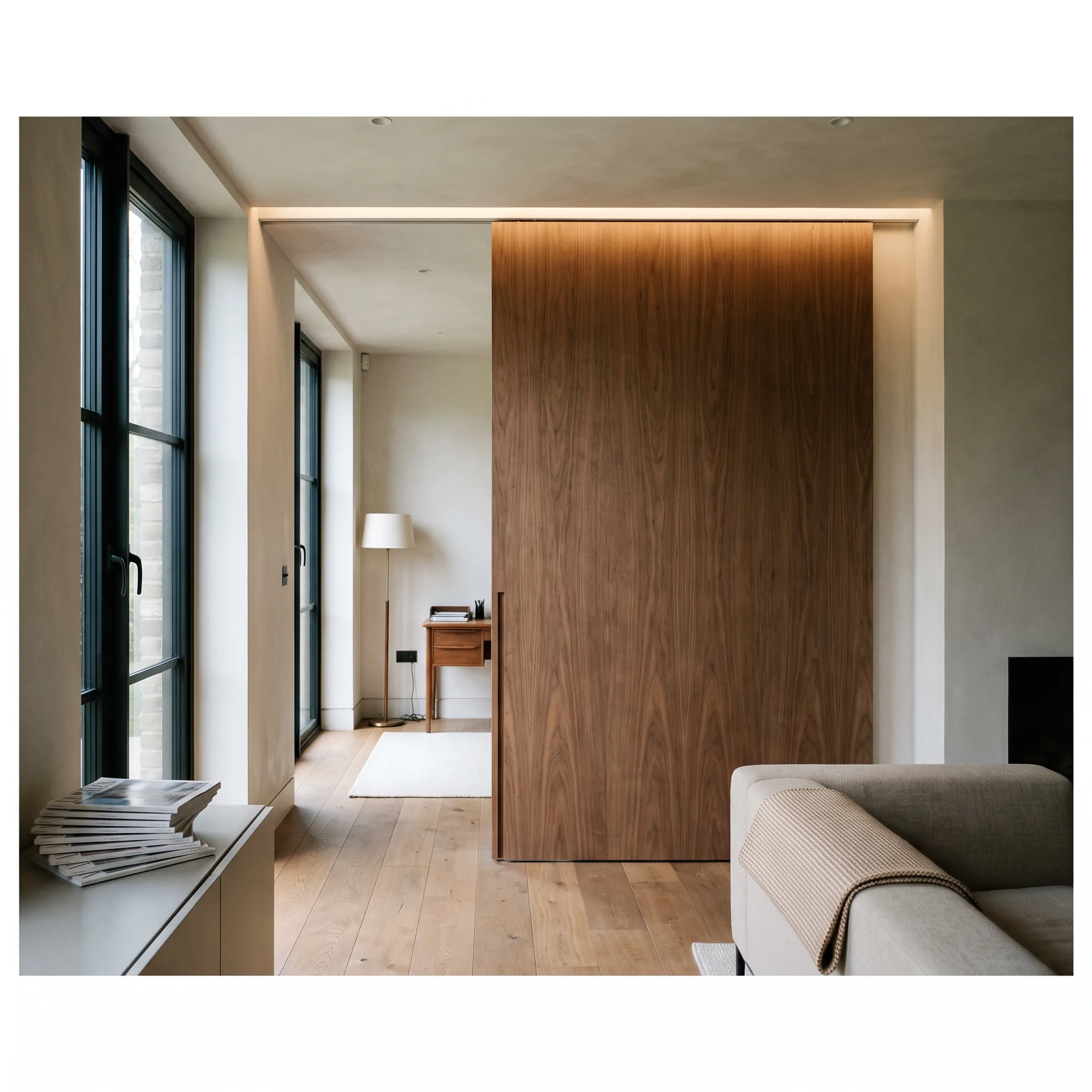 Residential interior ghost sliding barn door system