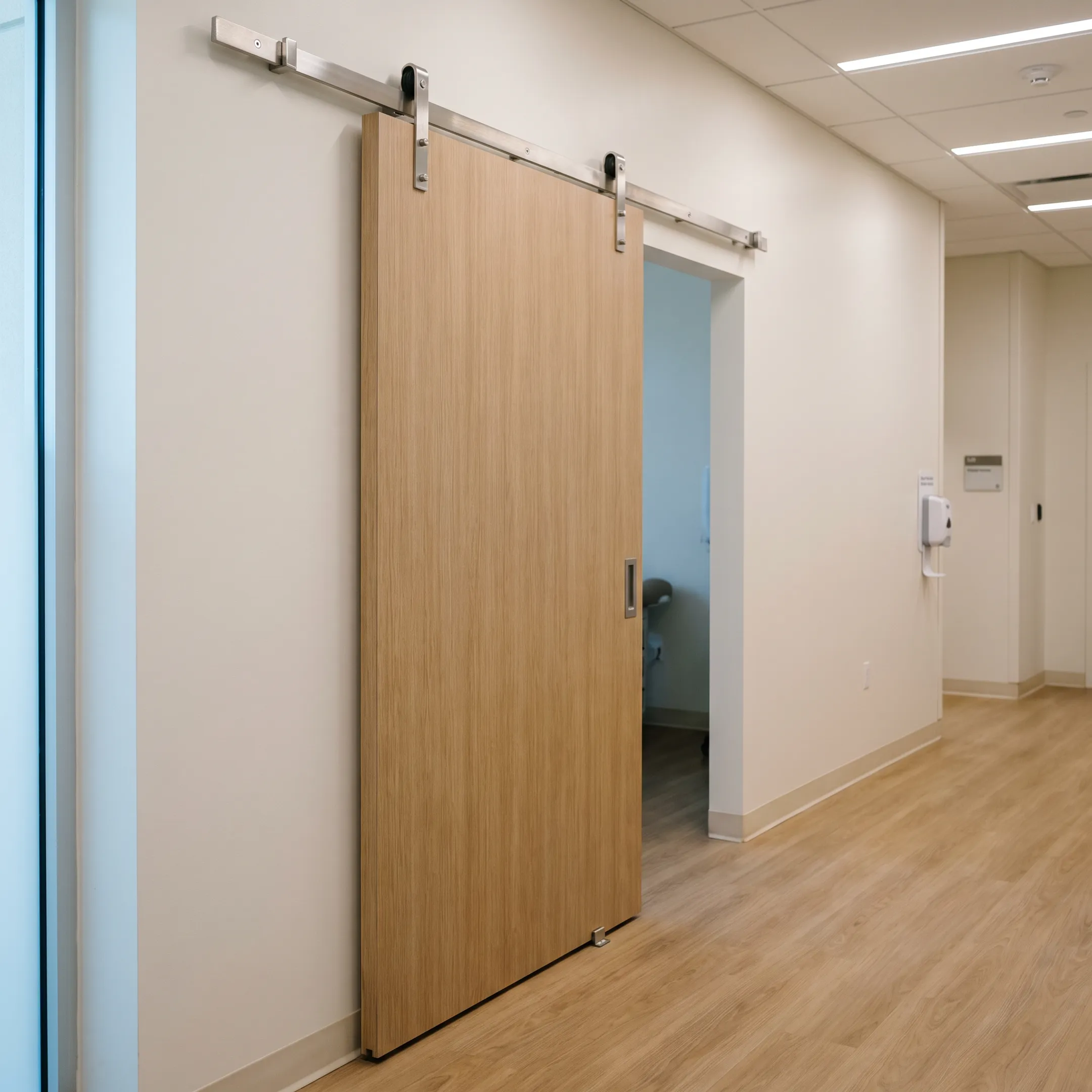 Medical office ghost sliding barn door system