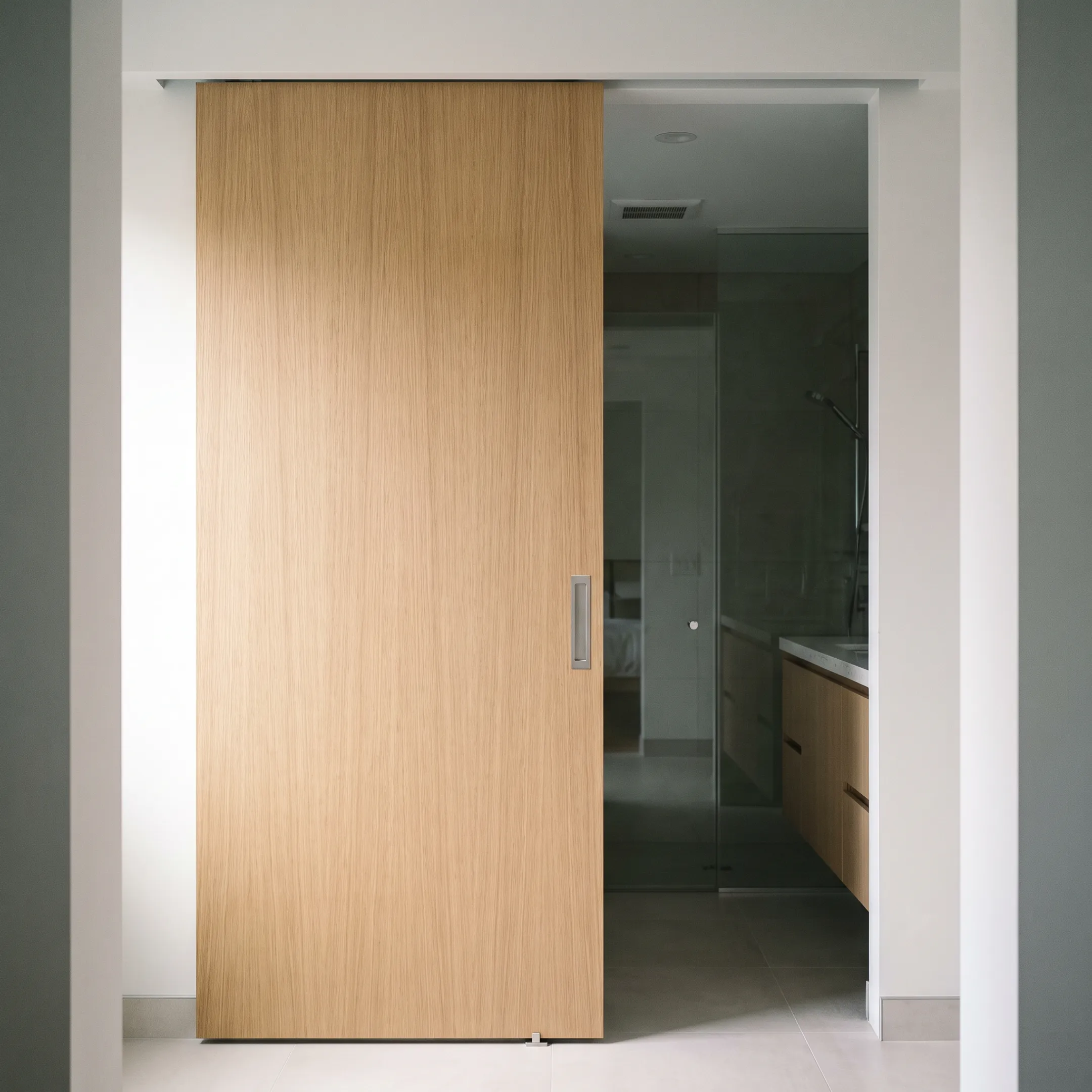 Commercial bathroom with a barn door