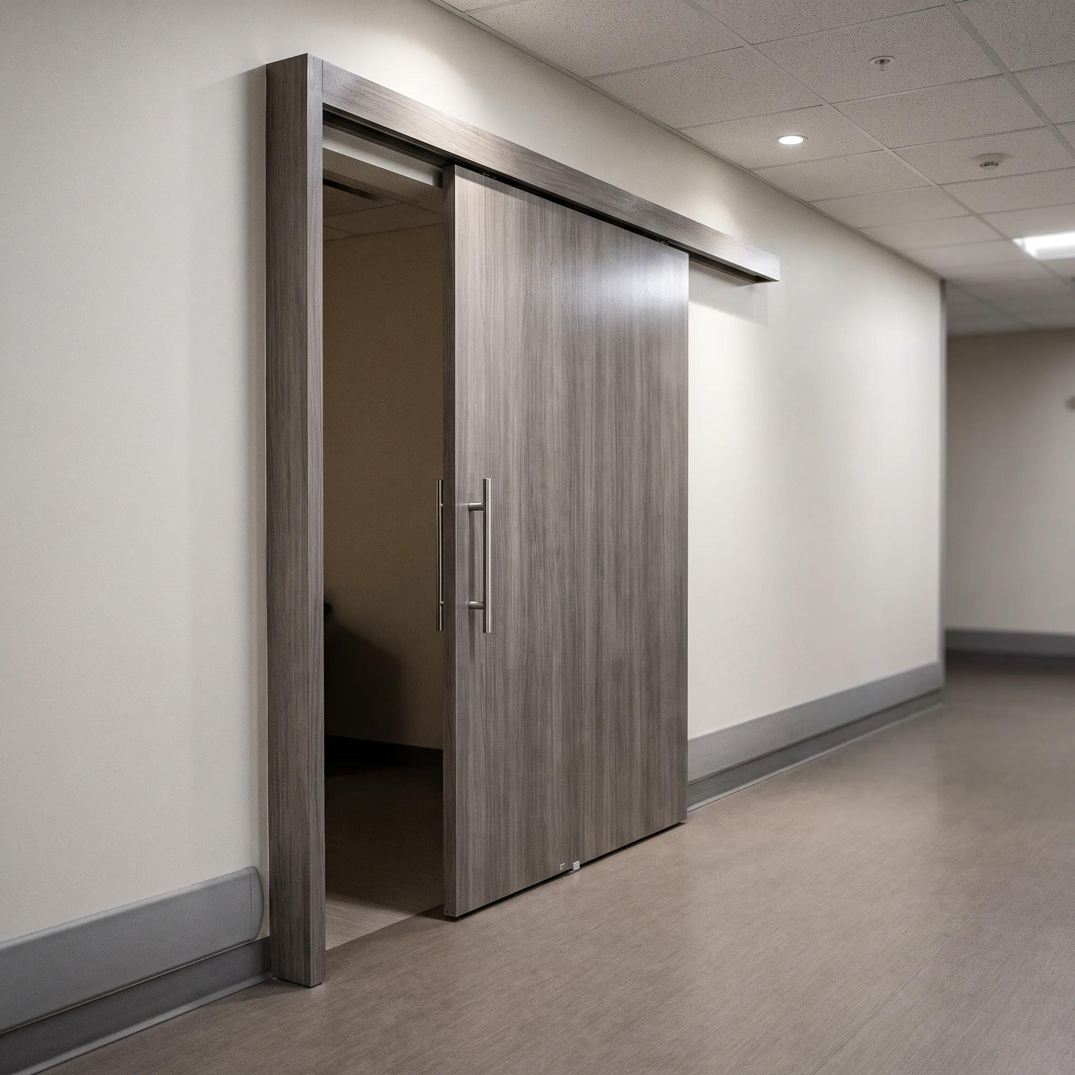 Clinic interior with a sliding barn door