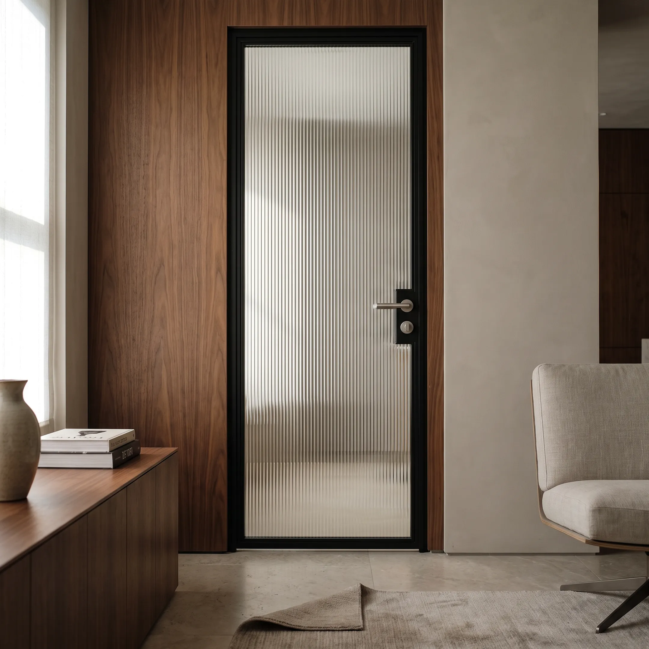 Statement interior with a narrow reeded glass door