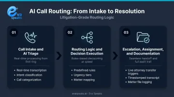 Three-step AI litigation call routing process from intake to documentation audit trail