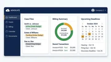 Clio legal practice management dashboard displaying case files and billing overview