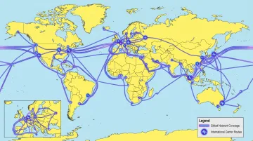 Global carrier network map showing PSTN reach across 60 plus countries
