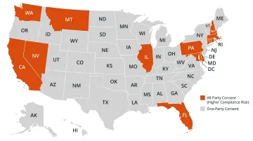 US map highlighting twelve all-party consent states for call recording laws