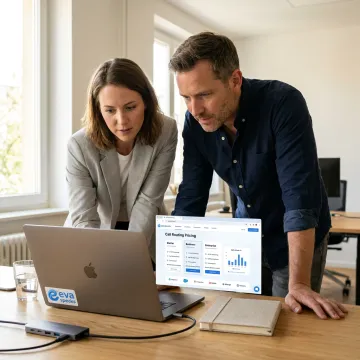Business team reviewing call routing software cost factors