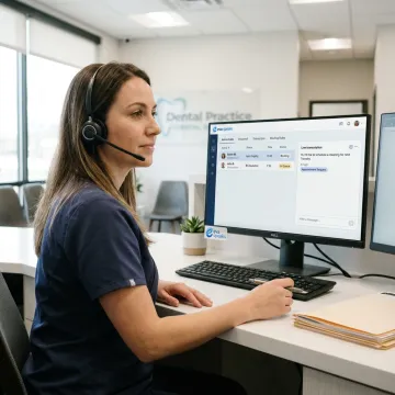 Dental receptionist using AI phone dashboard