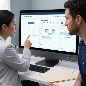 Healthcare team reviewing AI call workflow and appointment schedule