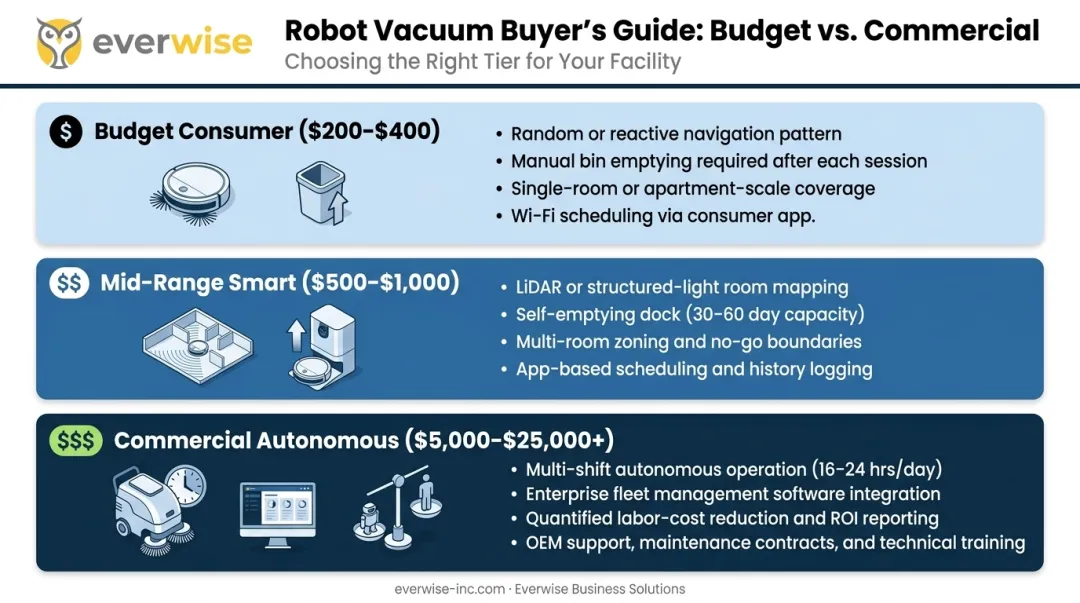 Three-tier robot vacuum budget comparison consumer mid-range commercial cost breakdown