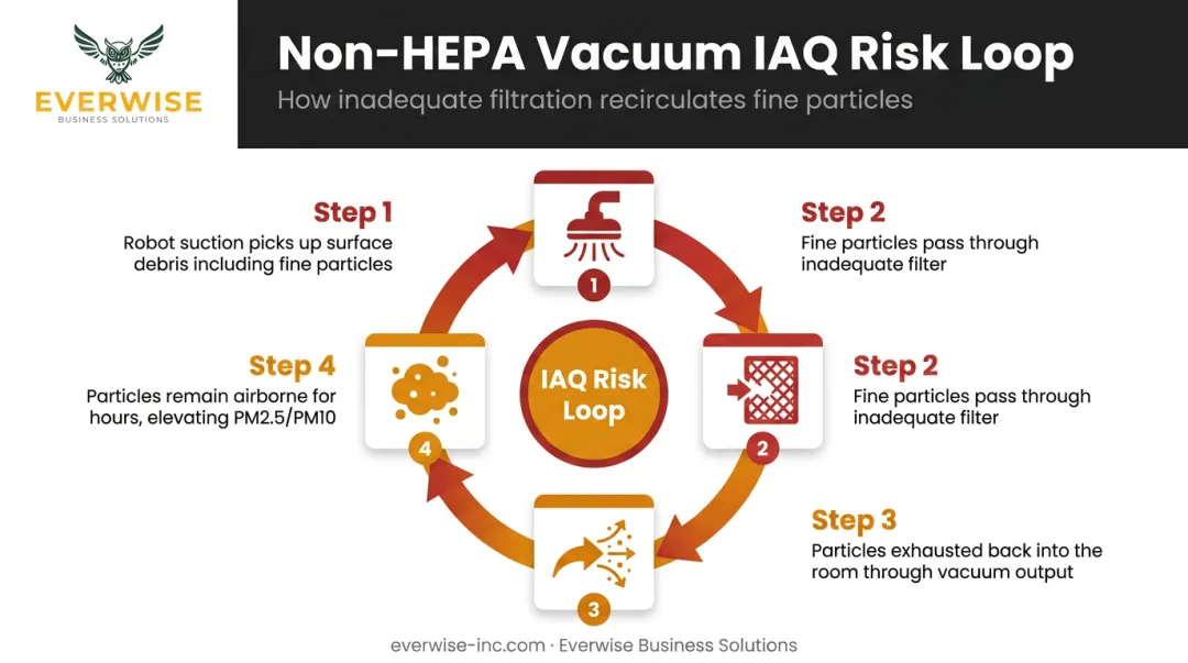 4-step particle recirculation loop created by non-HEPA robot vacuum in commercial spaces