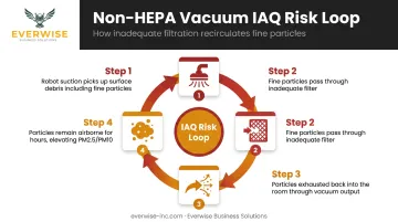 4-step particle recirculation loop created by non-HEPA robot vacuum in commercial spaces