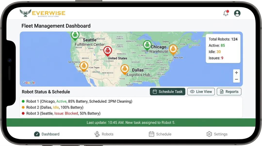Gausium fleet management mobile app dashboard monitoring multiple cleaning robots across sites