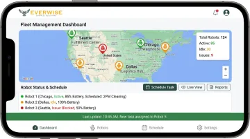 Gausium fleet management mobile app dashboard monitoring multiple cleaning robots across sites