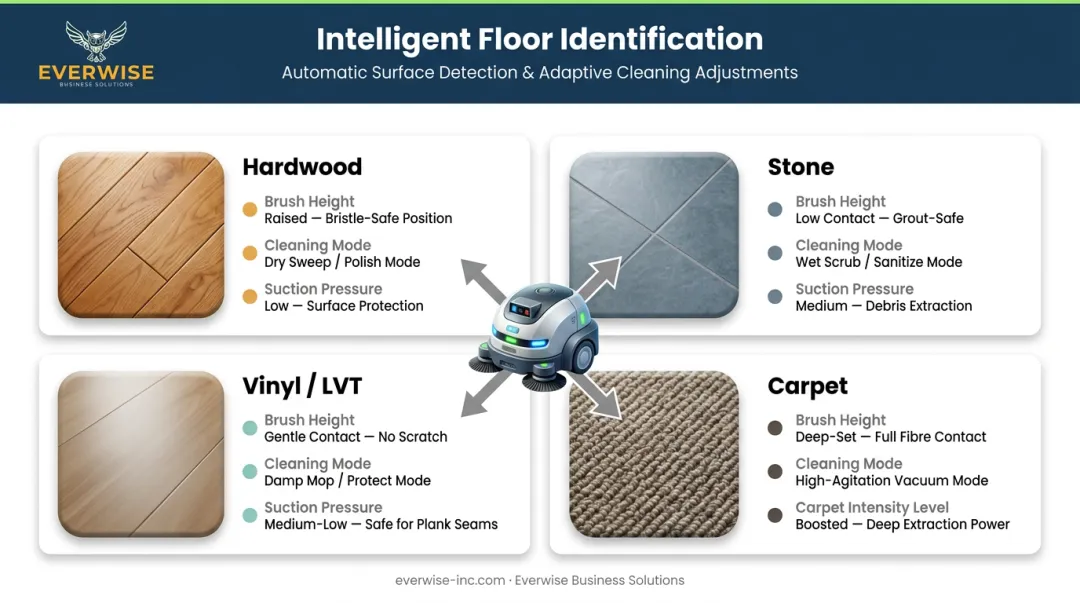 AI floor detection system automatically adjusting cleaning modes across four surface types