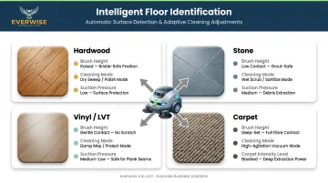 AI floor detection system automatically adjusting cleaning modes across four surface types