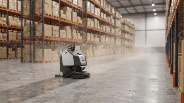 Industrial warehouse facility with large-scale autonomous floor sweeping robot in operation