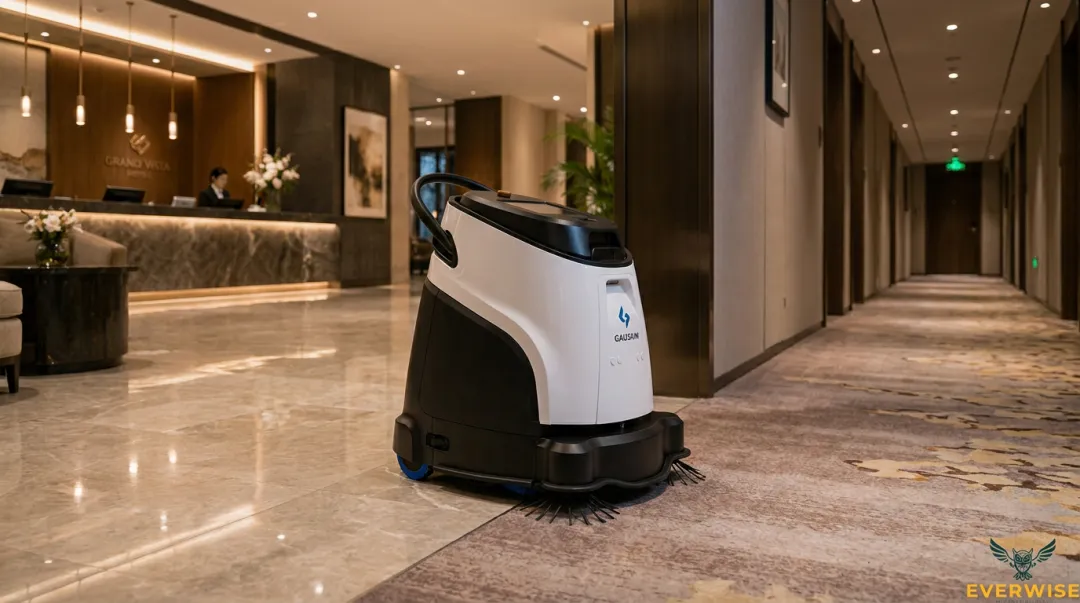 Gausium Vacuum 40 robot transitioning from stone lobby to carpeted hotel corridor
