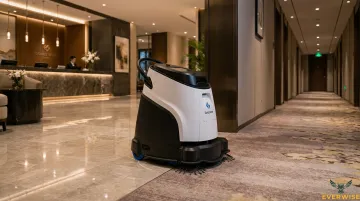 Gausium Vacuum 40 robot transitioning from stone lobby to carpeted hotel corridor