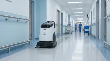 Gausium Vacuum 40 autonomous hospital cleaning robot navigating healthcare corridor