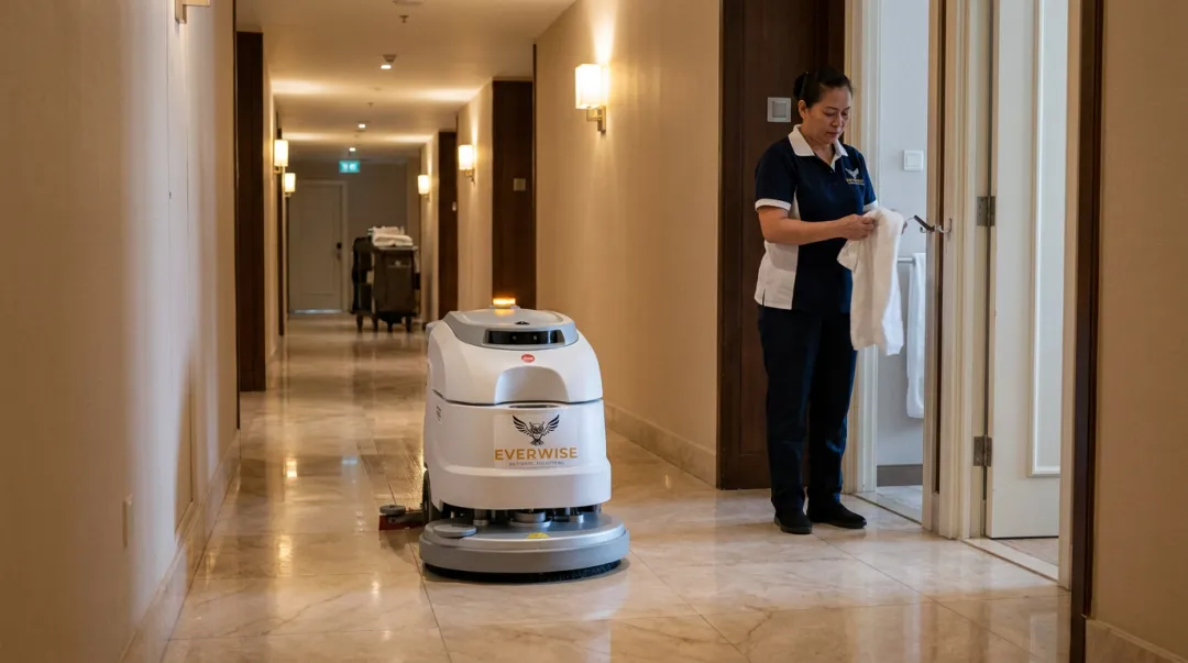 Hotel housekeeping staff member working alongside autonomous floor cleaning robot in corridor