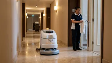 Hotel housekeeping staff member working alongside autonomous floor cleaning robot in corridor
