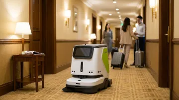 Autonomous cleaning robot navigating busy hotel lobby with guests present