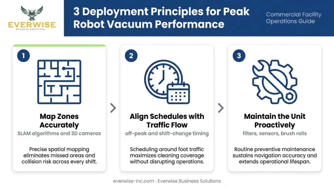 Three-step commercial robot vacuum deployment best practices process flow infographic