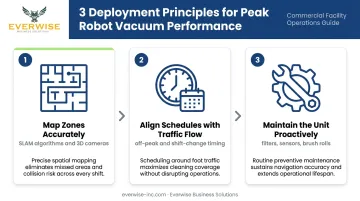 Three-step commercial robot vacuum deployment best practices process flow infographic