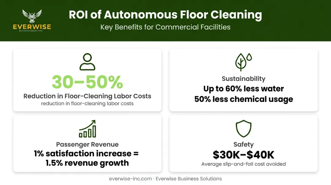 Airport cleaning robot benefits comparison labor costs sustainability passenger satisfaction statistics