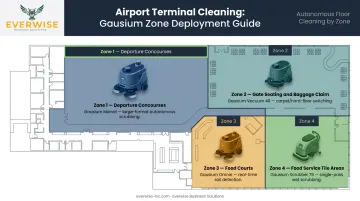 Airport terminal zone robot deployment map matching robot models to cleaning zones