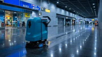 Autonomous floor scrubbing robot operating in large airport terminal concourse overnight