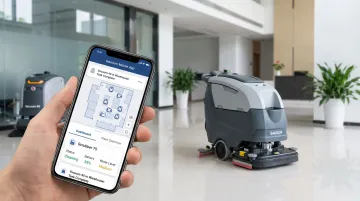 Gausium cleaning robot fleet monitored remotely via mobile app dashboard
