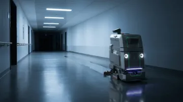Autonomous floor scrubber robot cleaning wide hospital corridor at night