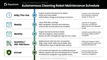 Five-interval robotic scrubber maintenance schedule from daily tasks to annual overhaul