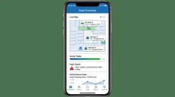 Gausium mobile app dashboard displaying robot cleaning status and fault alerts