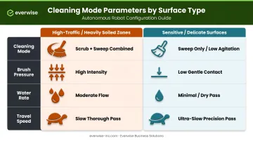 Zone cleaning parameter comparison chart for heavily soiled versus delicate floor surfaces
