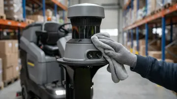 Commercial cleaning robot sensors being wiped with microfiber cloth during maintenance