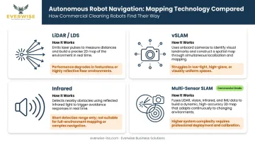 Four robotic vacuum mapping technologies compared by function accuracy and limitation