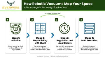 Four-stage robotic vacuum SLAM mapping process flow from initiation to path correction
