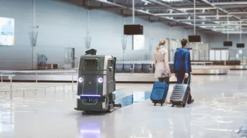 Commercial autonomous cleaning robot navigating large facility corridor during active operation