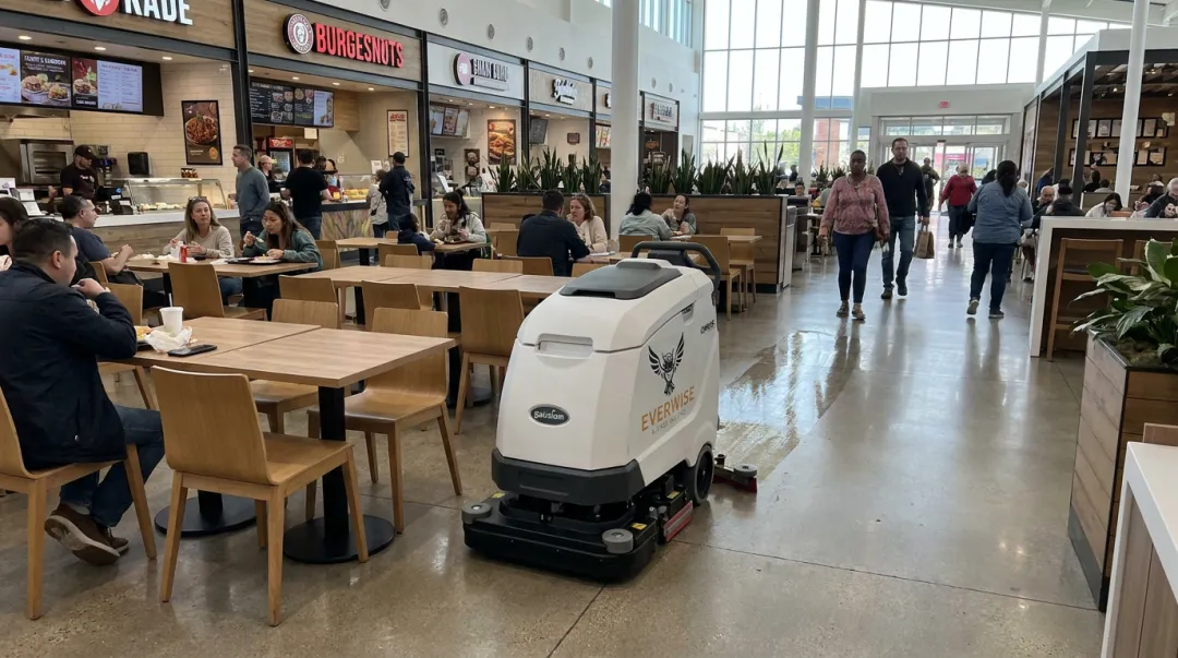 Gausium Scrubber 75 autonomous robot cleaning busy shopping mall food court
