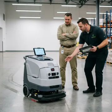 Technician demonstrating autonomous floor cleaning robot