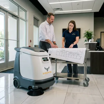 Facility manager evaluating a cleaning robot
