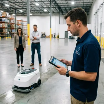 Technician demonstrating autonomous floor scrubber