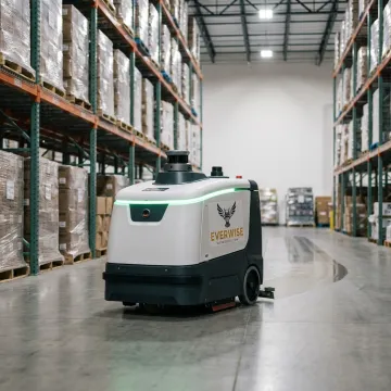 Robotic floor scrubber in warehouse