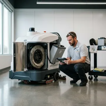 Technician servicing a commercial robotic floor scrubber
